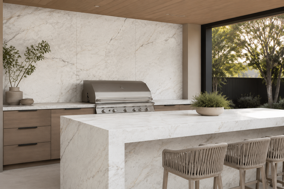 Covered outdoor kitchen with Mont Blanc Crystal porcelain worktops and protected feature wall