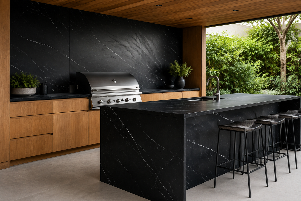Covered outdoor kitchen with Nero Marquina Silk porcelain worktops and protected feature wall