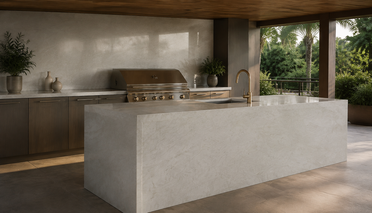 Covered outdoor kitchen with Taj Mahal Gold Quartz countertops, waterfall island and protected backsplash