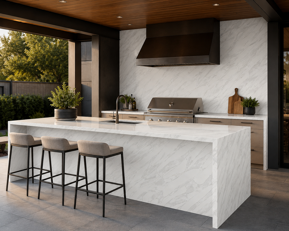 Covered outdoor kitchen with Golden Storm Quartz waterfall island, countertops and backsplash