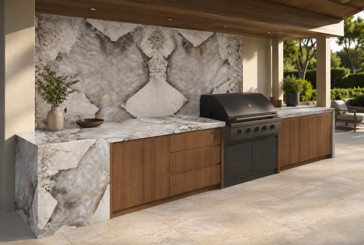 Covered outdoor kitchen with Patagonia Polished porcelain worktops and bookmatched protected feature wall