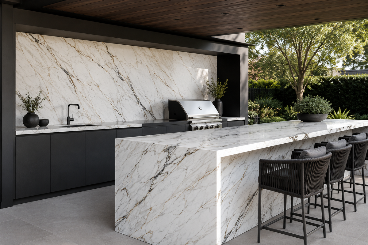 Covered outdoor kitchen with Calacatta Luxe porcelain worktops and protected feature wall