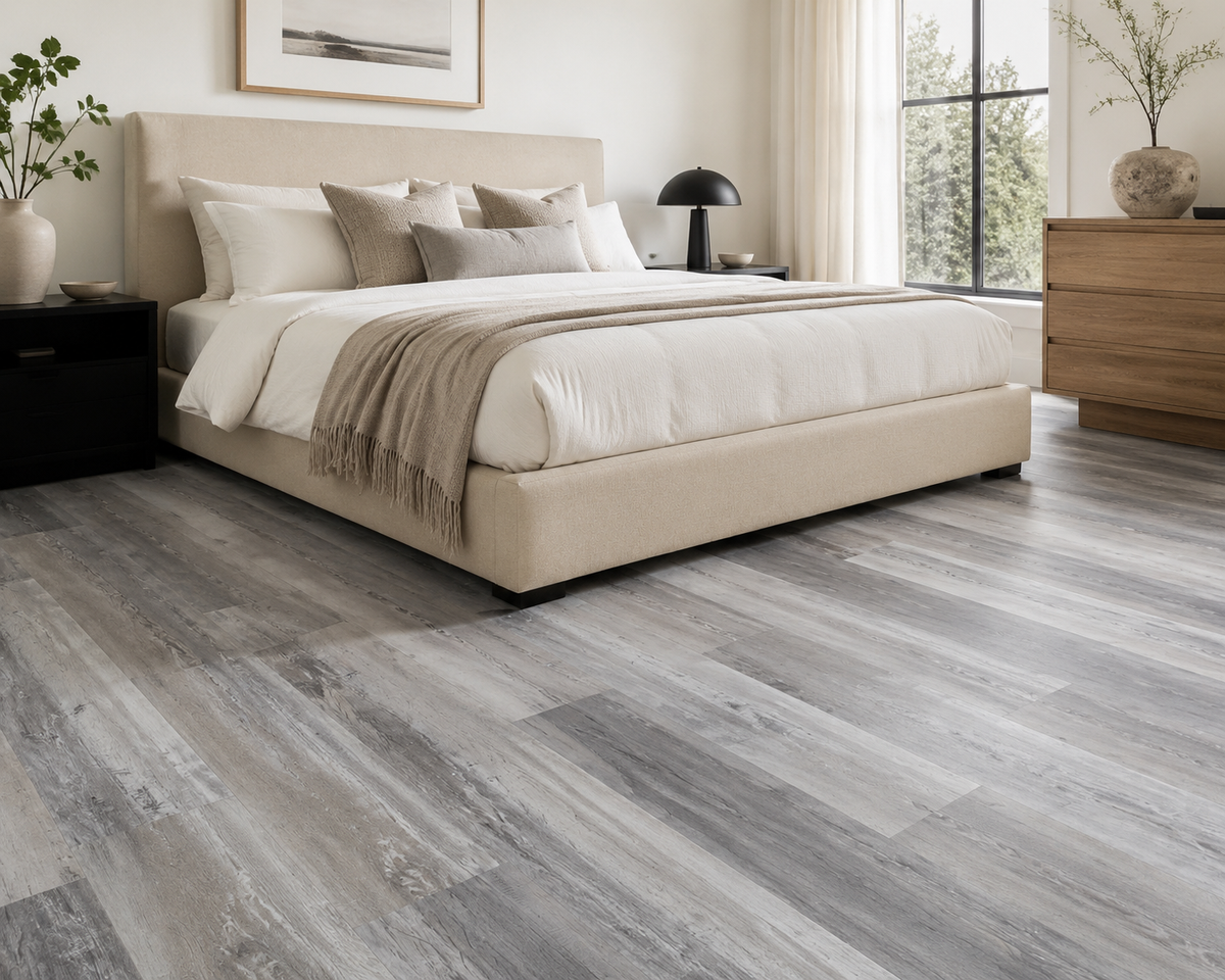 Rustic Storm gray SPC flooring in a calm neutral bedroom