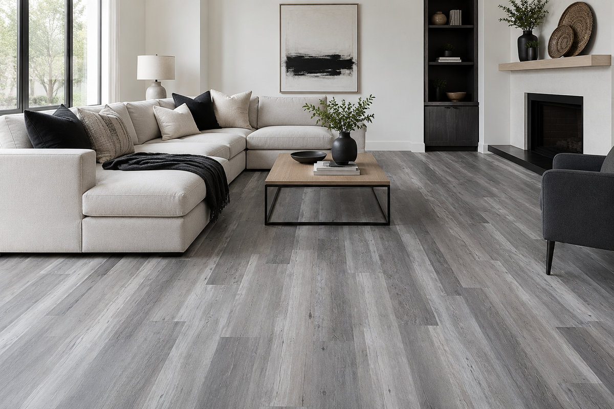Rustic Storm gray SPC flooring in a contemporary neutral living room