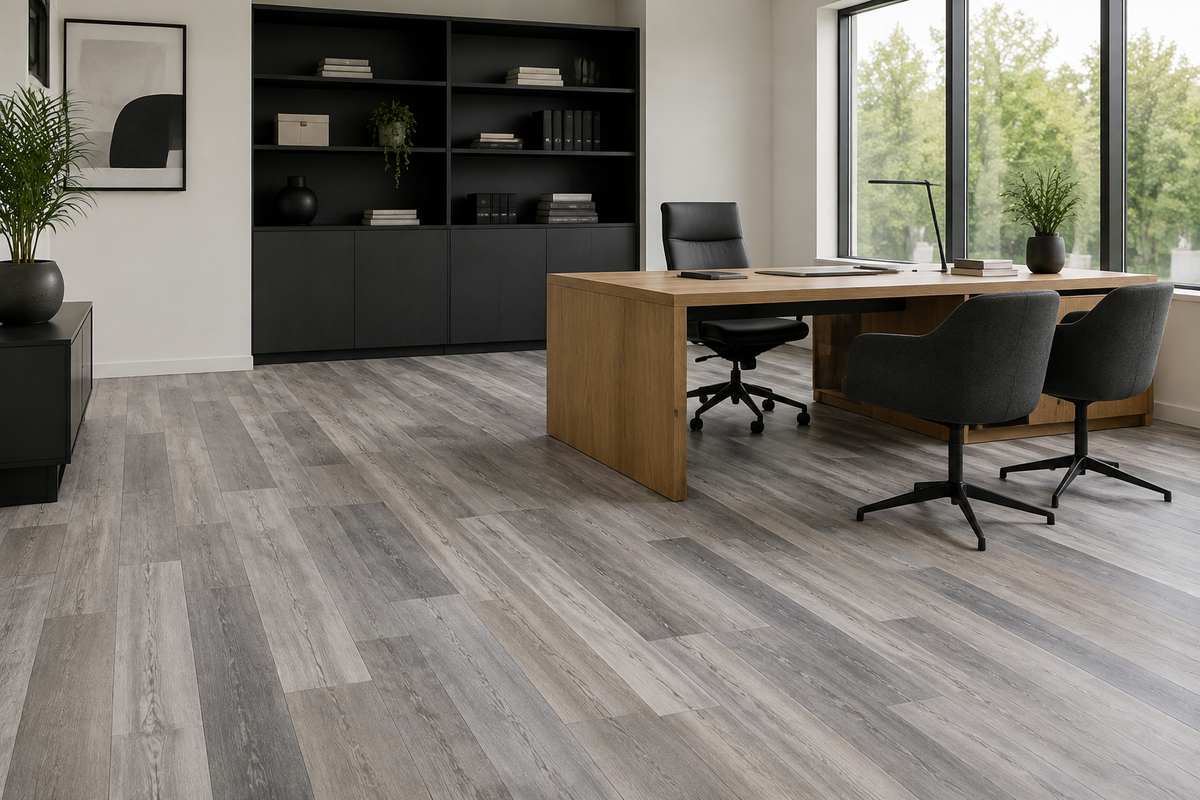 Rustic Storm gray SPC flooring in a refined contemporary office
