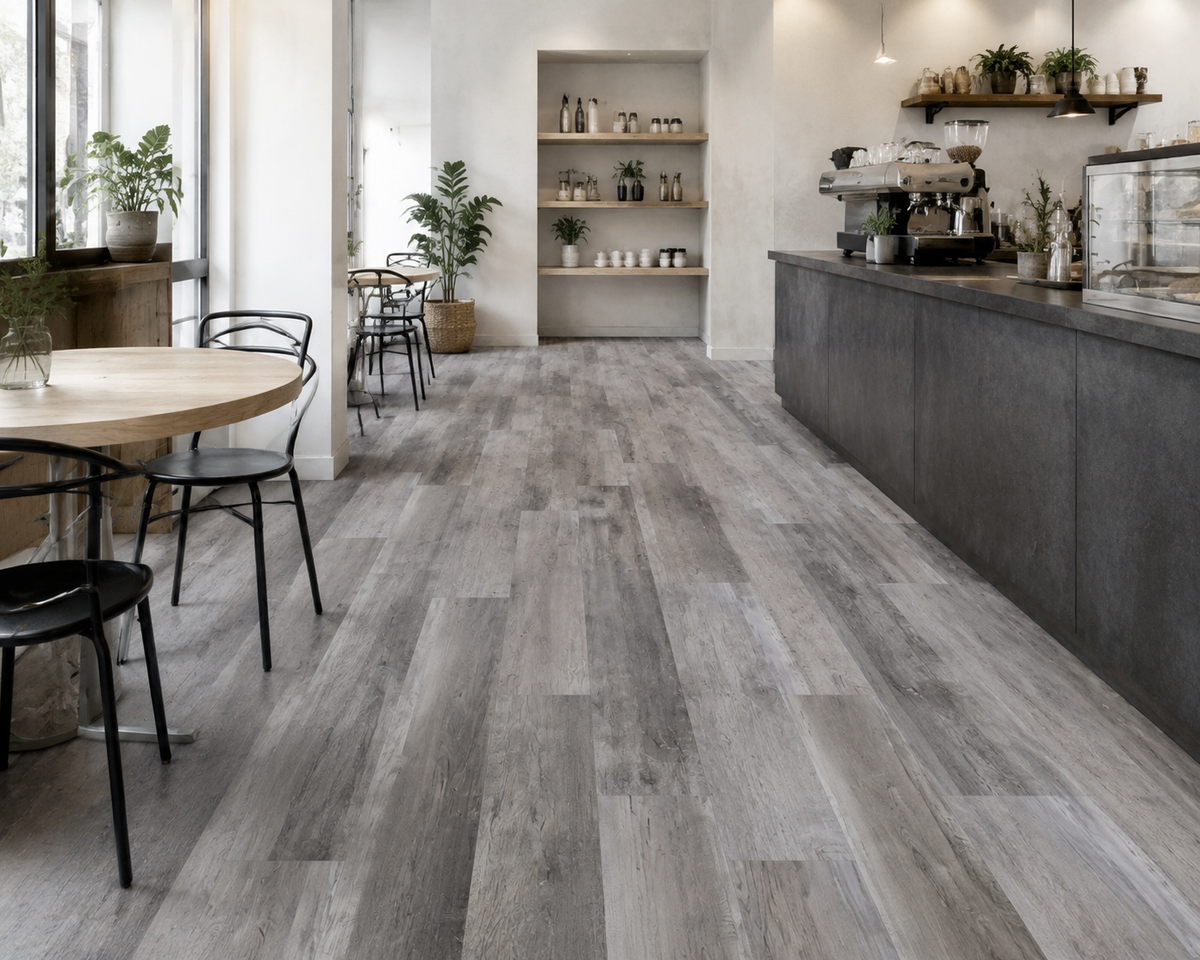 Rustic Storm gray SPC flooring in a refined boutique café interior