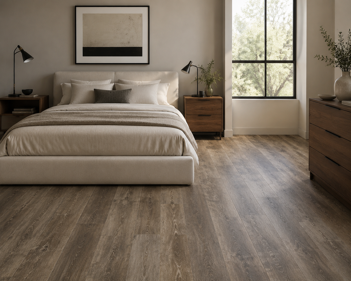 Rustic Walnut SPC flooring in a calm neutral bedroom