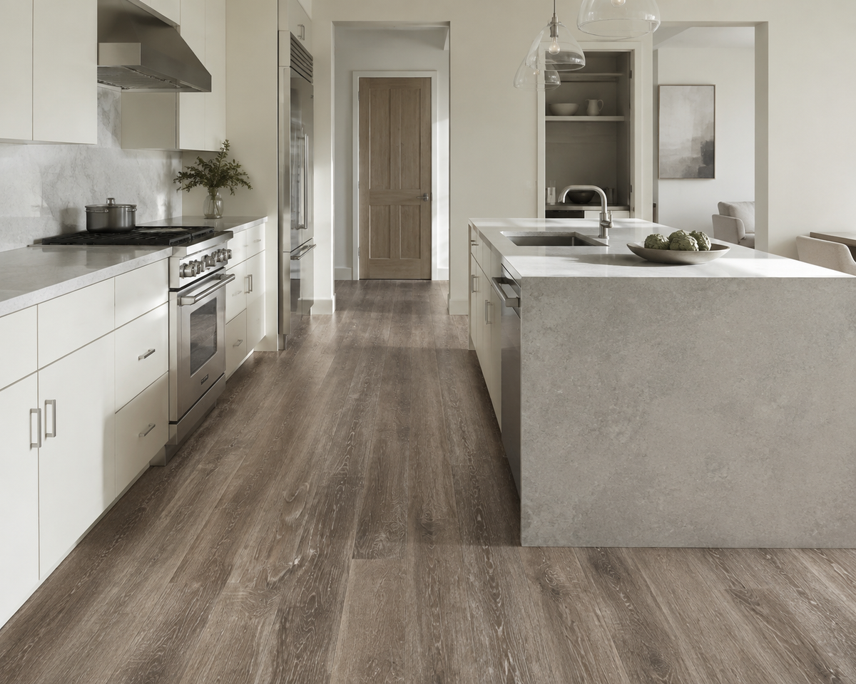 Rustic Walnut SPC flooring in a bright modern kitchen