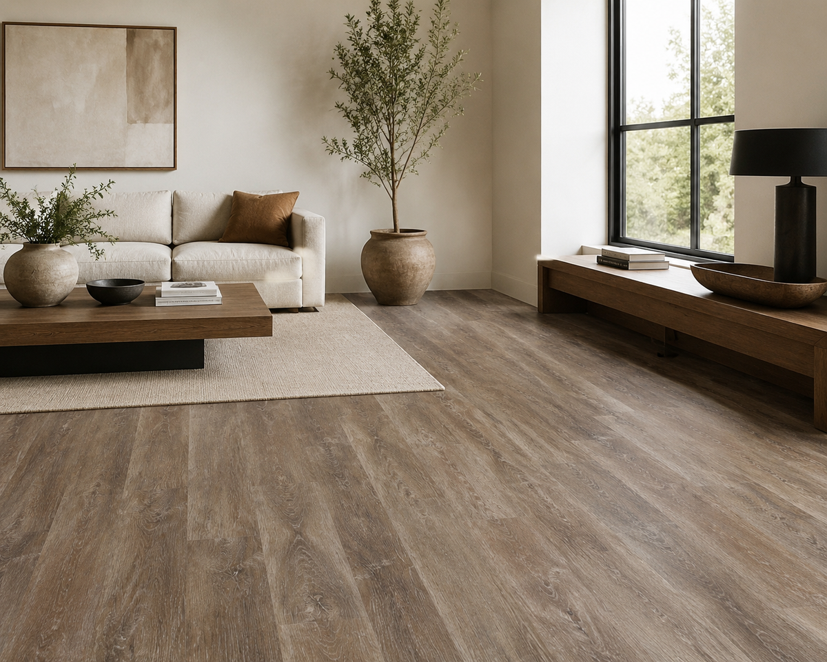 Rustic Walnut SPC flooring in a neutral contemporary living room