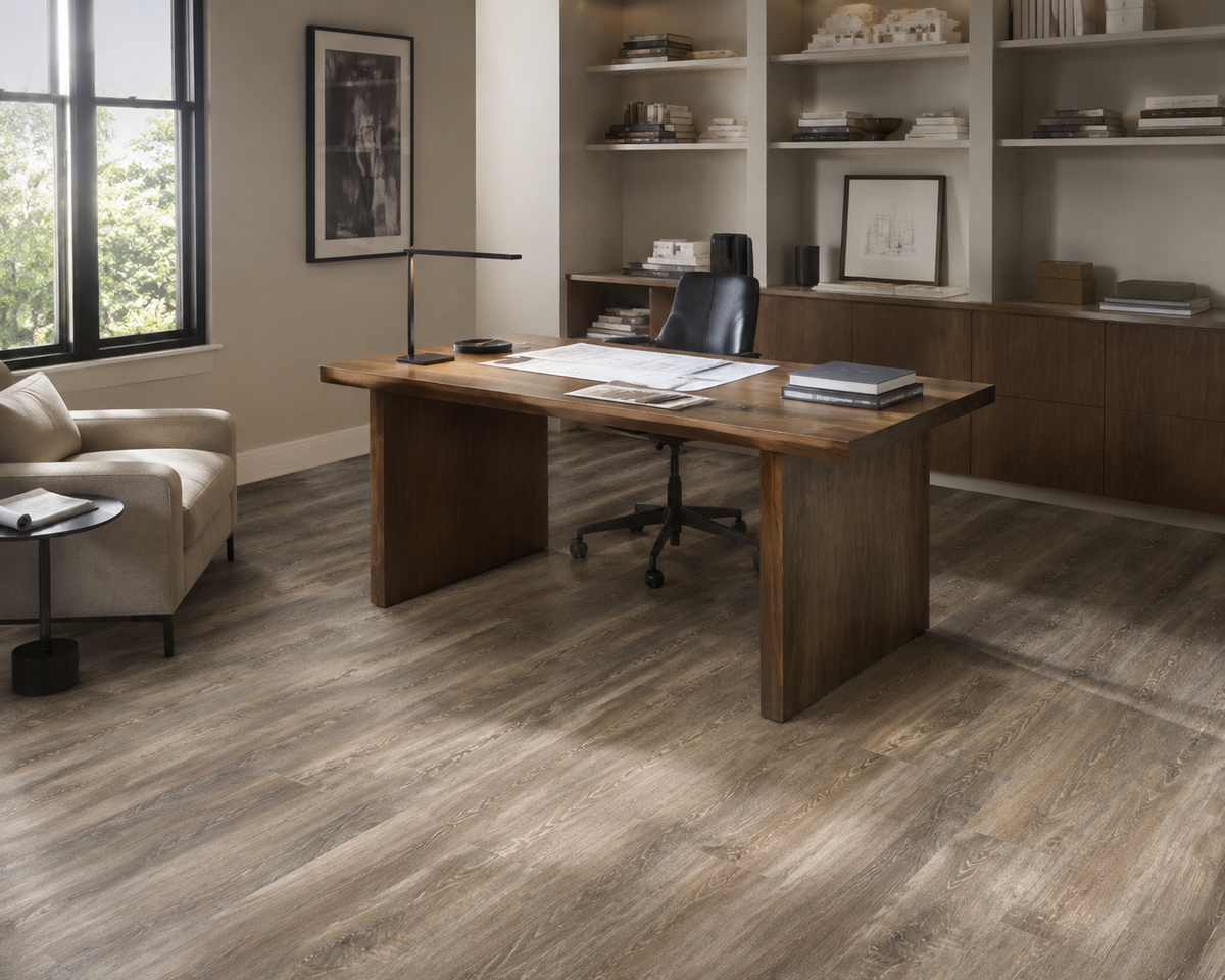 Rustic Walnut SPC flooring in a contemporary private office