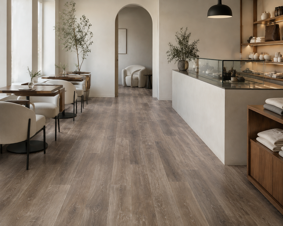 Rustic Walnut SPC flooring in a refined boutique café interior