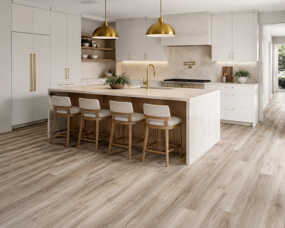 Santorini Beige SPC flooring in a bright modern kitchen
