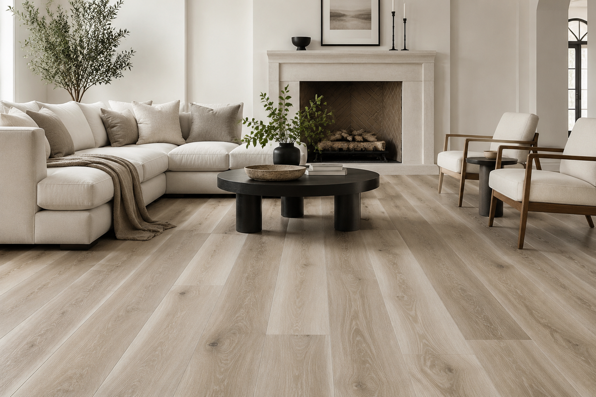 Santorini Beige SPC flooring in a refined neutral living room