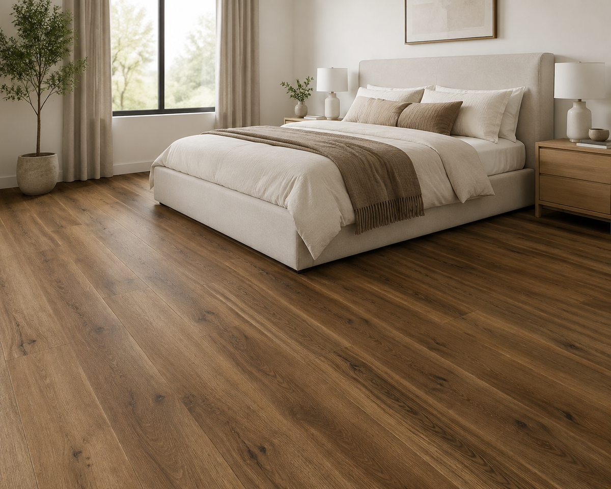Silver Ridge brown oak flooring in a neutral upholstered bedroom