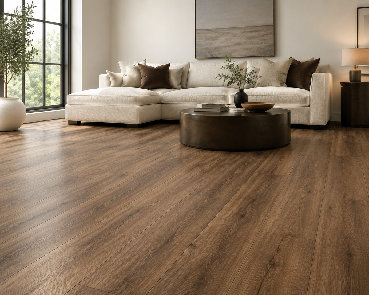 Silver Ridge brown oak SPC flooring in a contemporary living room