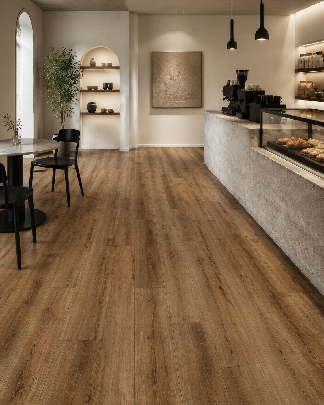 Silver Ridge SPC flooring in an upscale modern café interior
